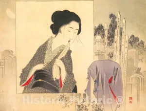 Historic Pictoric Art Print : Takeuchi Keishū - Widow and Widower from kuchie (Frontispiece) of a Novel : Vintage Wall Décor : 14in x 11in