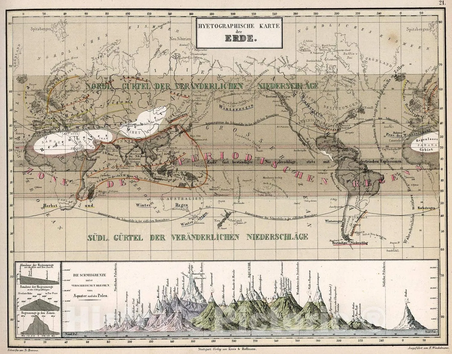 Historic Pictoric Map : 21. Hyetographische Karte der Erde, 1851, Vintage Wall Art : 24in x 18in