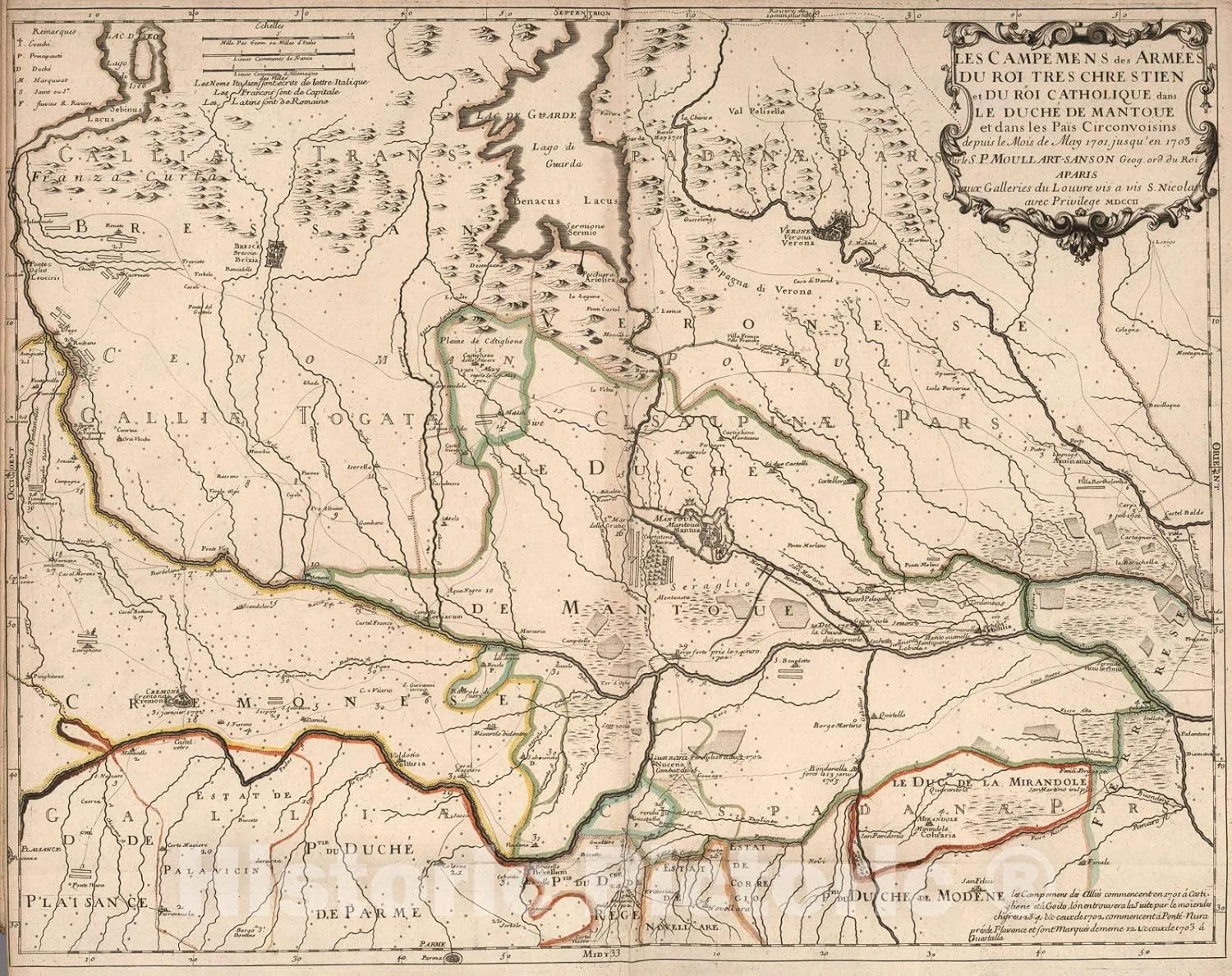 Historic Pictoric Map : Armed Encampments of The Very Christian King and The Catholic King in The Duchy of Mantua, Italy., 1703, Vintage Wall Art : 24in x 18in