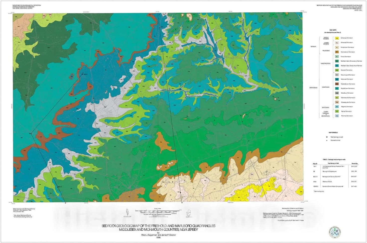 Historic Pictoric Map : Bedrock Geologic Map of The Freehold and Marlboro Quadrangles, Middlesex and Monmouth Counties, New Jersey, 1996 Cartography Wall Art : 24in x 16in