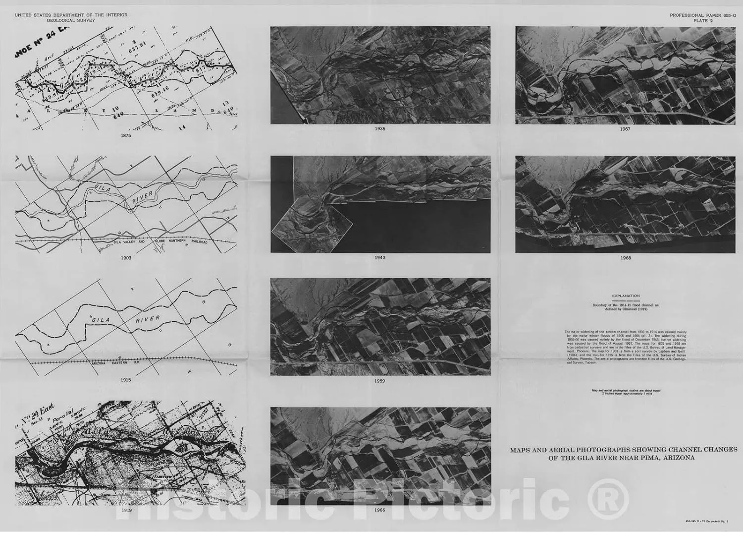 Historic Pictoric Map : Channel Changes of The Gila River in Safford Valley, Arizona, 1846-1970, 1972 Cartography Wall Art : 24in x 18in