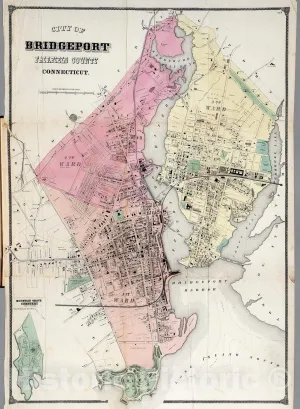 Historic Pictoric Map : City of Bridgeport, Connecticut., 1867, Vintage Wall Art : 32in x 44in