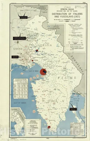 Historic Pictoric Map : Friuli-Venezia Giulia, Italy 1921 1945, Italy, Venezia Giulia (excluding Zara and The Islands) : Distribution of Italians and Yugoslavs (1921) : 16in x 24in