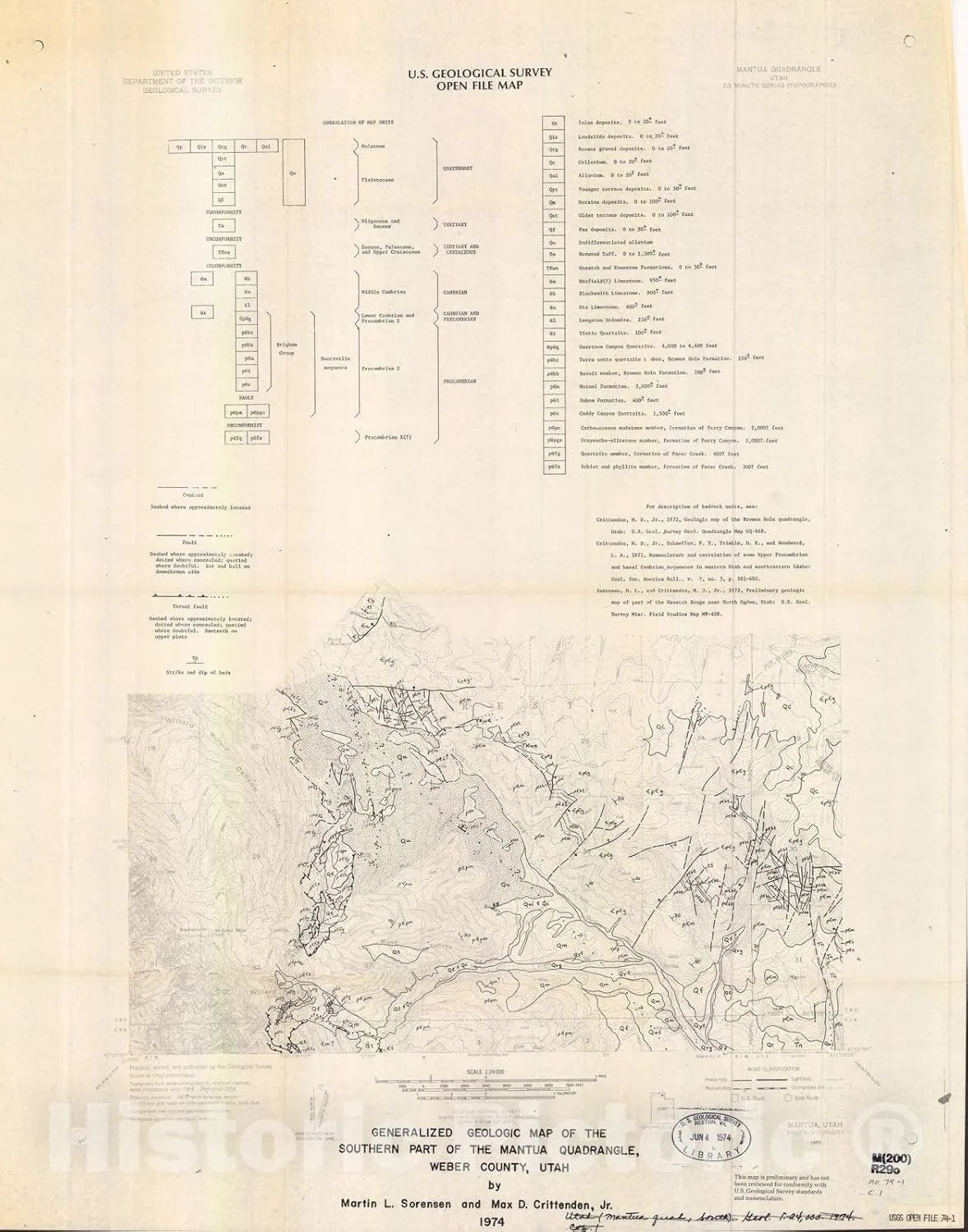 Historic Pictoric Map : Generalized geologic map of The Southern Part of The Mantua Quadrangle, Weber County, Utah, 1974 Cartography Wall Art : 18in x 24in