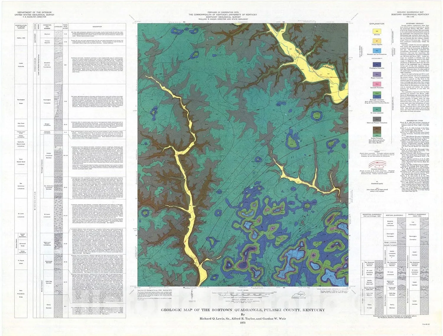 Historic Pictoric Map : Geologic map of The Bobtown Quadrangle, Pulaski County, Kentucky, 1973 Cartography Wall Art : 30in x 24in