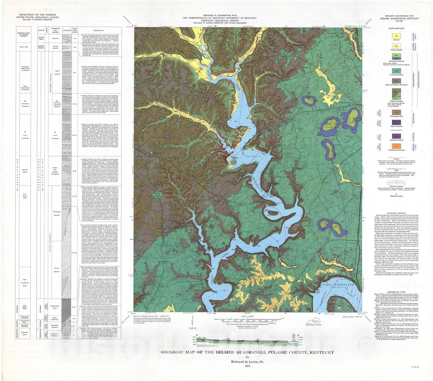 Historic Pictoric Map : Geologic map of The Delmer Quadrangle, Pulaski County, Kentucky, 1971 Cartography Wall Art : 36in x 32in