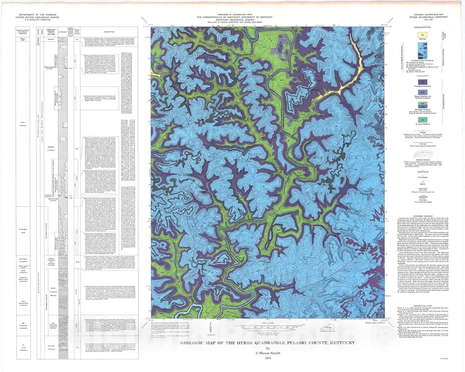 Historic Pictoric Map : Geologic map of The Dykes Quadrangle, Pulaski County, Kentucky, 1974 Cartography Wall Art : 30in x 24in