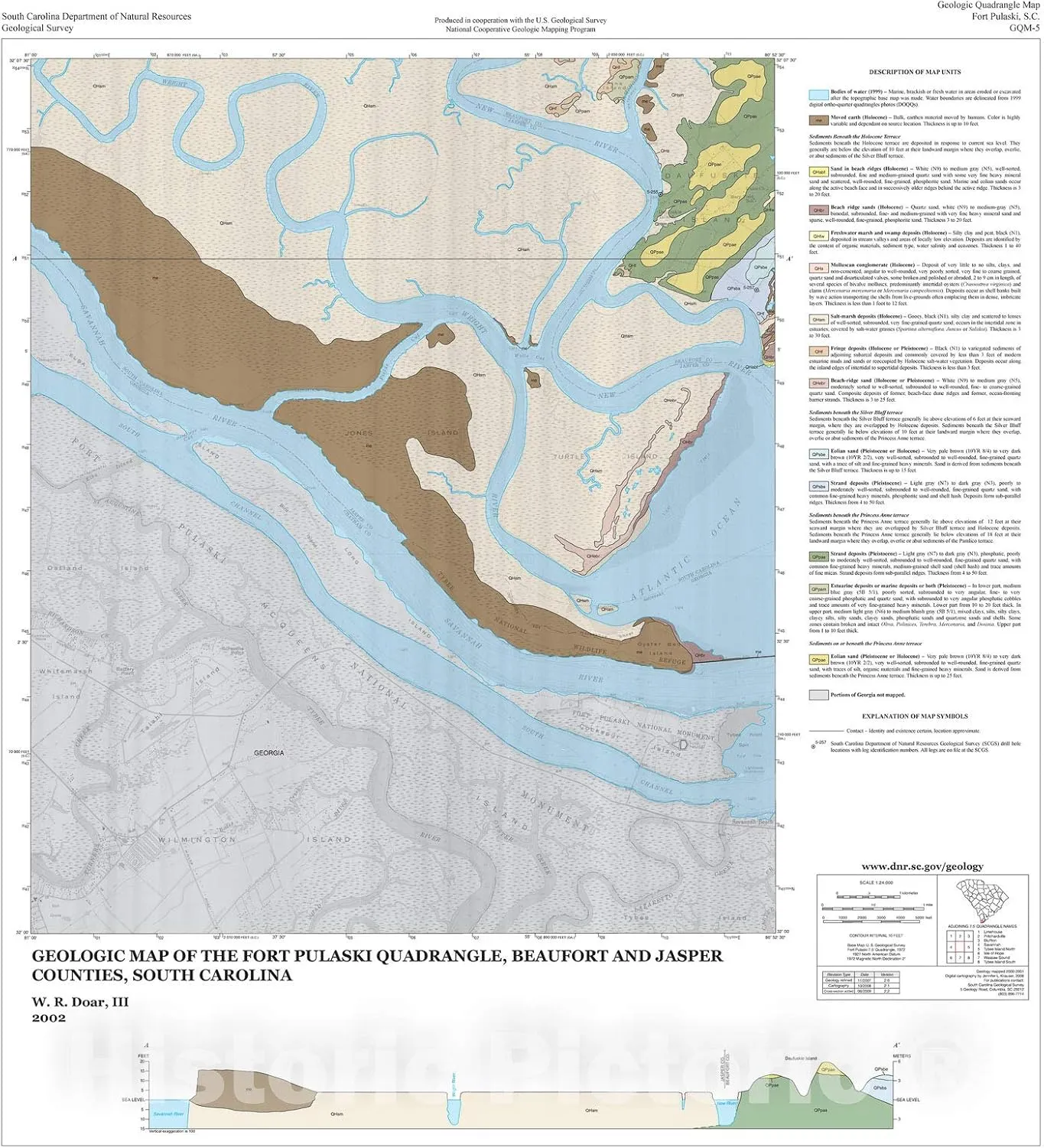 Historic Pictoric Map : Geologic map of The Fort Pulaski Quadrangle, Beaufort and Jasper Counties, South Carolina, 2002 Cartography Wall Art : 22in x 24in