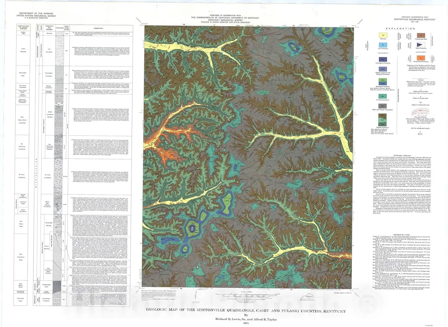 Historic Pictoric Map : Geologic map of The Mintonville Quadrangle, Casey and Pulaski Counties, Kentucky, 1974 Cartography Wall Art : 30in x 24in