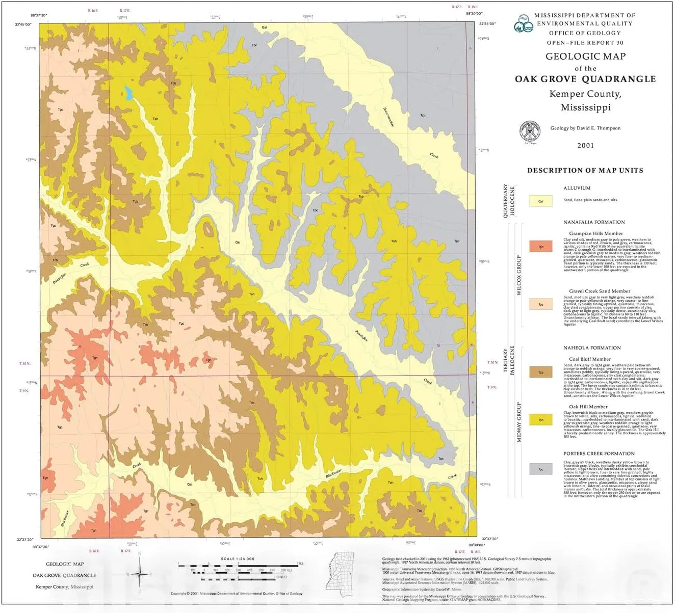 Historic Pictoric Map : Geologic map of The Oak Grove Quadrangle, Kemper County, Mississippi, 2001 Cartography Wall Art : 30in x 24in