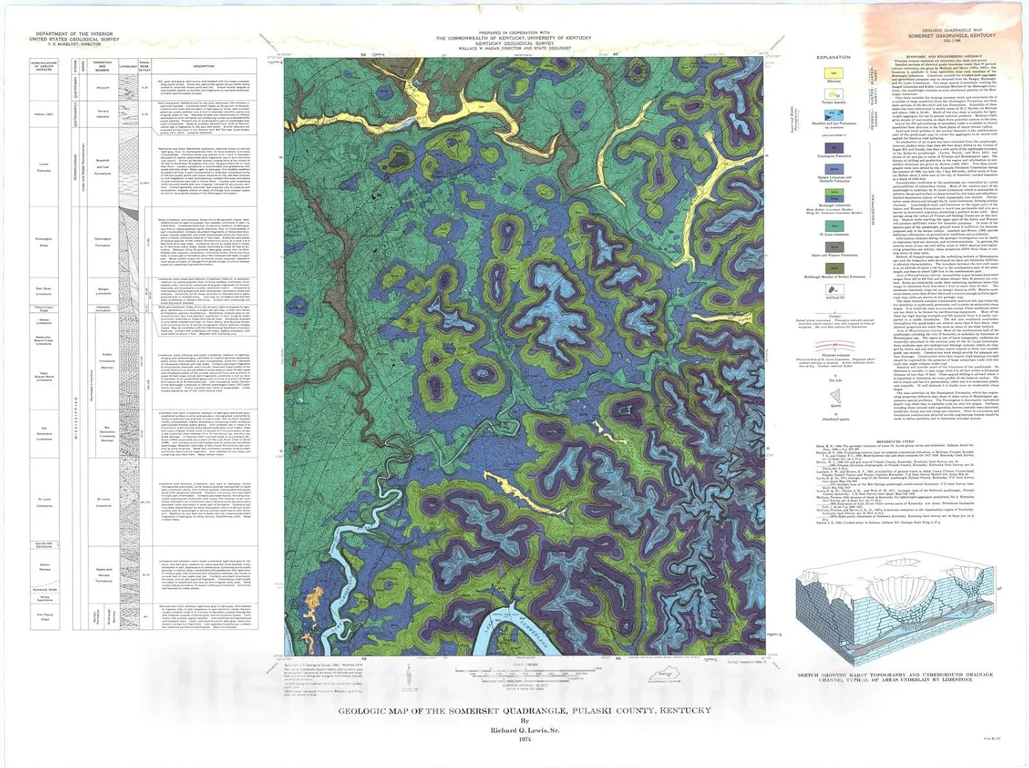 Historic Pictoric Map : Geologic map of The Somerset Quadrangle, Pulaski County, Kentucky, 1974 Cartography Wall Art : 30in x 24in