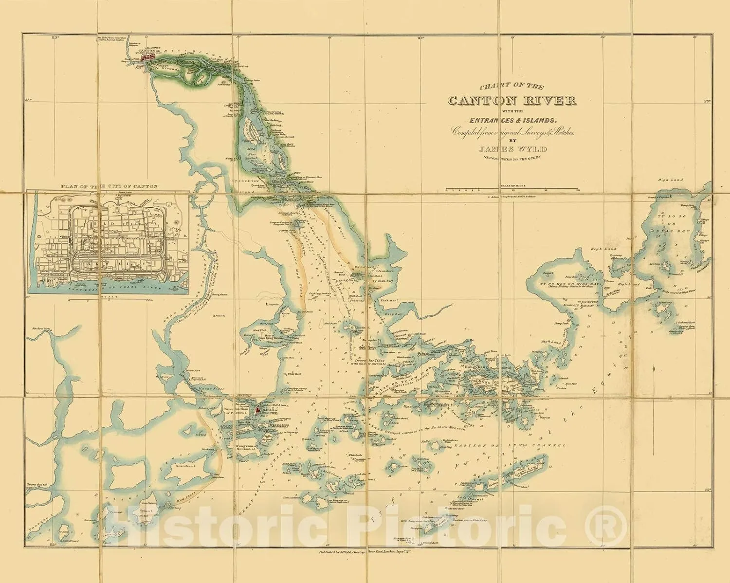 Historic Pictoric Map : Pearl River China, Chart of The Canton River with The entrances & Islands, Antique Vintage Reproduction : 44in x 34in