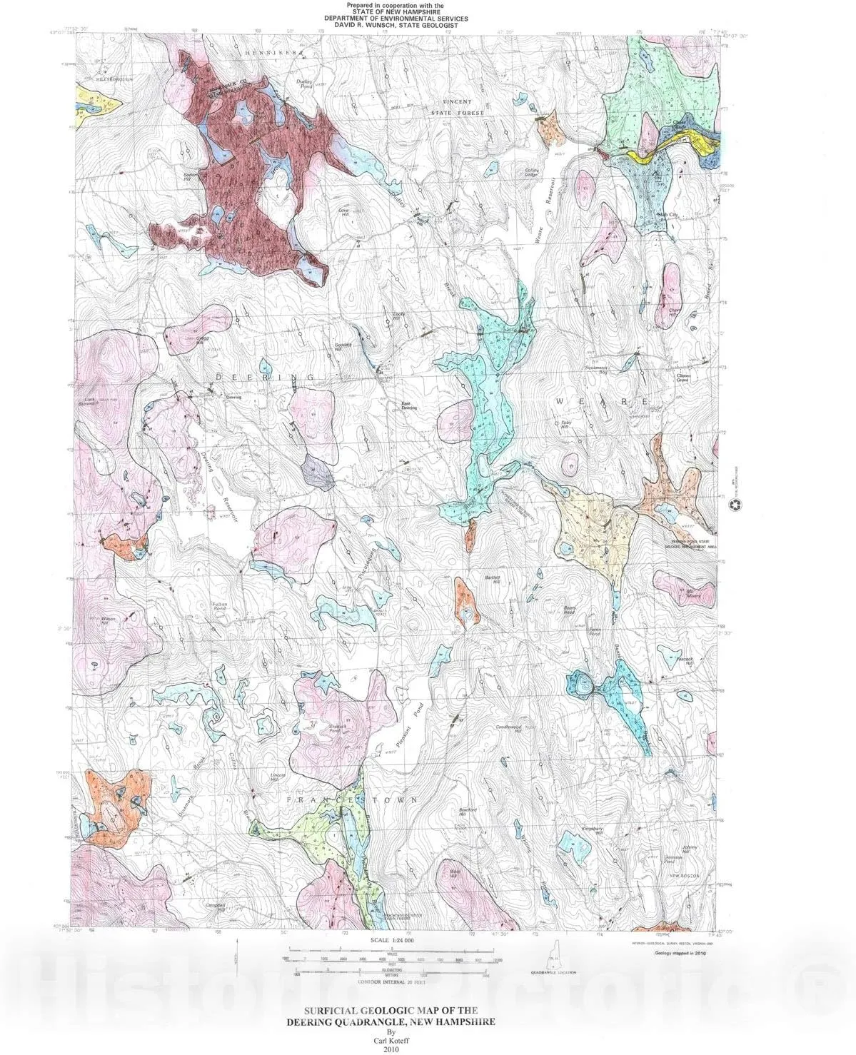 Historic Pictoric Map : Surficial geologic map of The Deering 7.5 Minute Quadrangle, Hillsborough County, New Hampshire, 2010 Cartography Wall Art : 24in x 30in