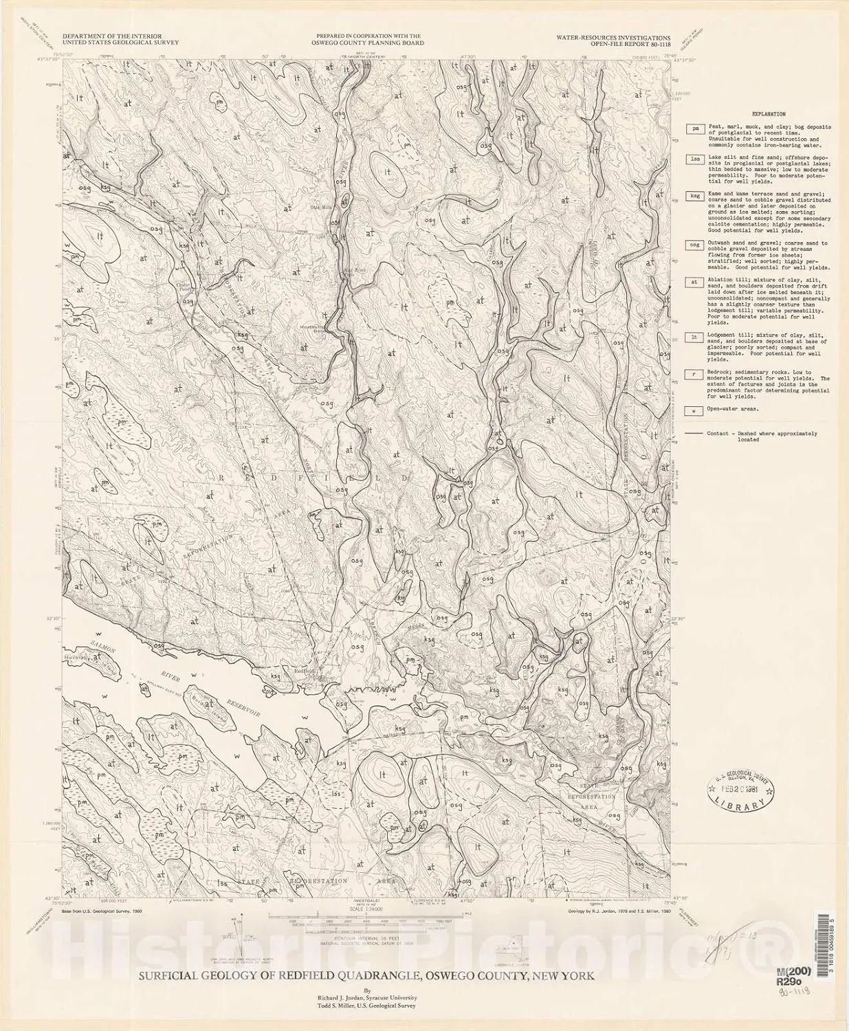Historic Pictoric Map : Surficial Geology of Redfield Quadrangle, Oswego County, New York, 1980 Cartography Wall Art : 20in x 24in
