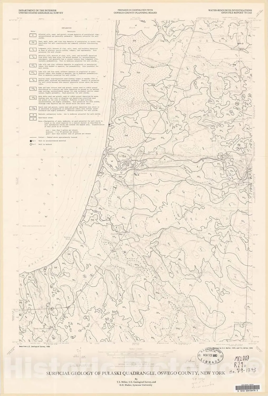 Historic Pictoric Map : Surficial Geology of The Pulaski Quadrangle, Oswego County, New York, 1979 Cartography Wall Art : 24in x 36in