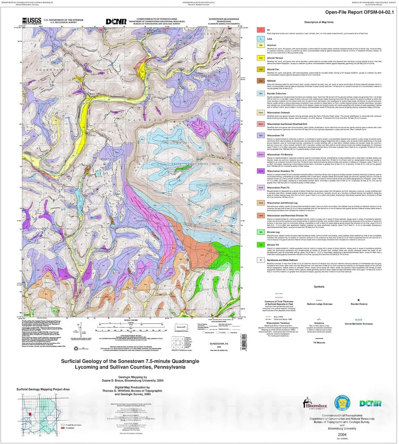 Historic Pictoric Map : Surficial Geology of The Sonestown 7.5-Minute Quadrangle, Lycoming and Sullivan Counties, Pennsylvania [Revision 1], 2004 Cartography Wall Art : 16in x 16in