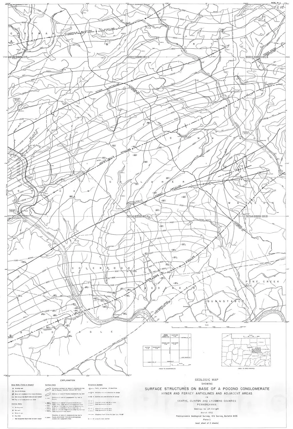 Historic Pictoric Map : The Hyner and Ferney anticlines and Adjacent Areas, Centre, Clinton and Lycoming Counties, Pennsylvania, 1952 Cartography Wall Art : 16in x 24in