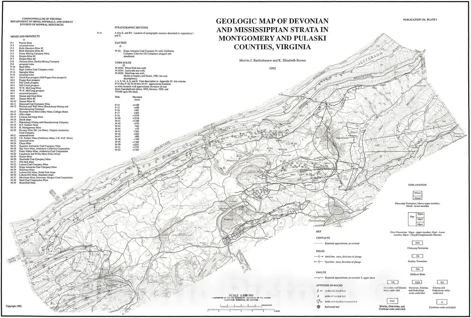 Historic Pictoric Map : The Valley coalfield (Mississippian Age) in Montgomery and Pulaski Counties, Virginia, 1992 Cartography Wall Art : 36in x 24in