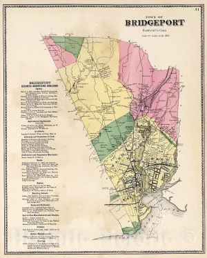 Historic Pictoric Map : Town of Bridgeport, Fairfield County, Connecticut., 1867, Vintage Wall Decor : 35in x 44in