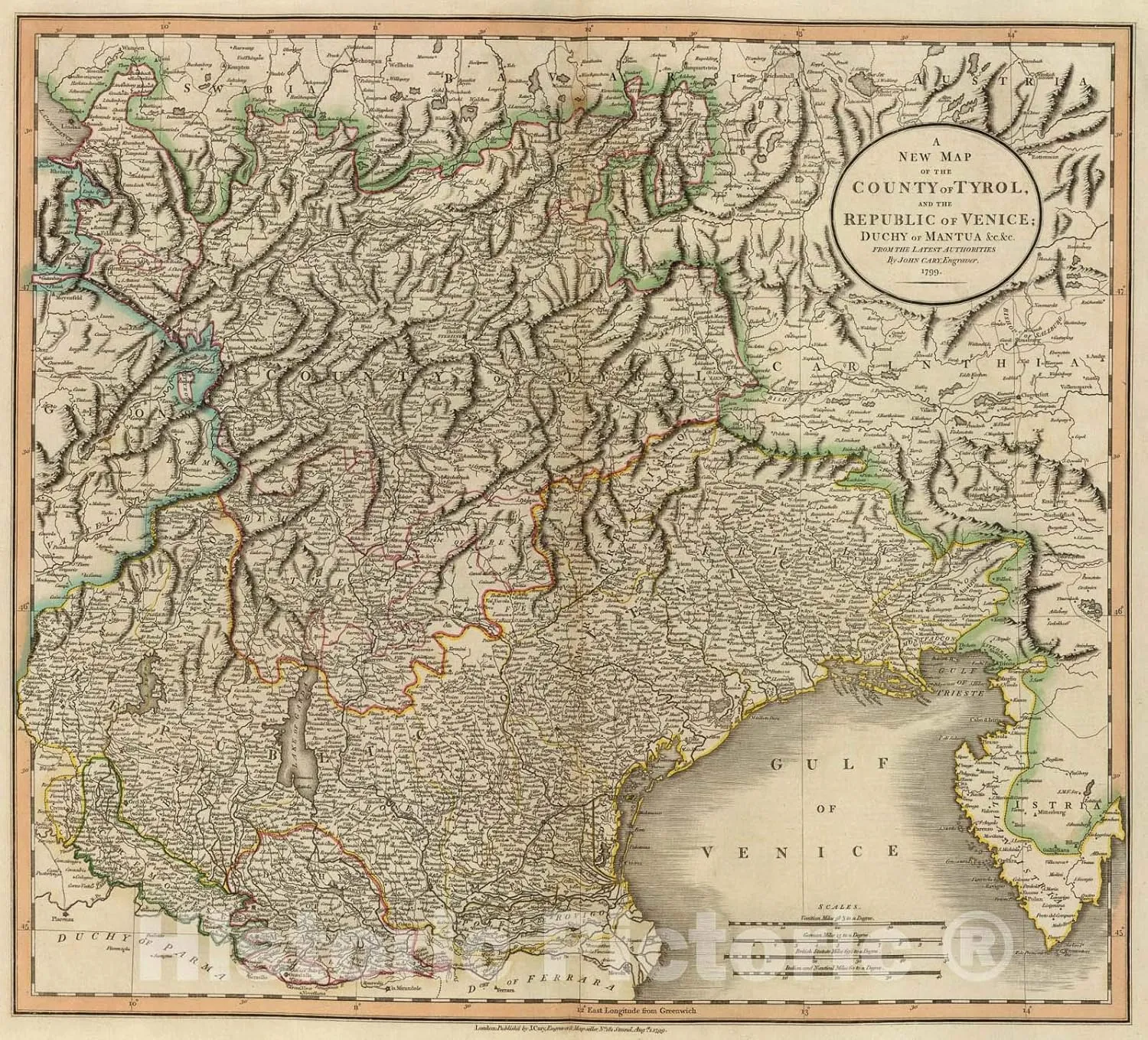 Historic Pictoric Map : Tyrol, Venice, Mantua., 1799, Vintage Wall Art : 18in x 16in