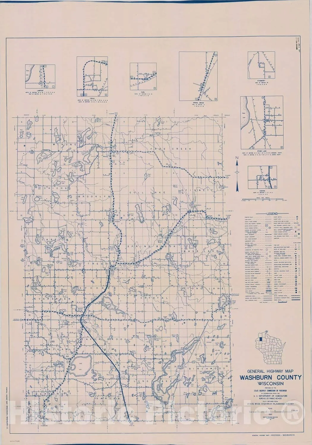 Historic Pictoric Map : Washburn County, Wisconsin 1937, General Highway map ... County, Wisconsin, Antique Vintage Reproduction : 44in x 63in