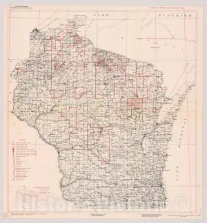 Historic Pictoric Map : Wisconsin 1937, Forest Protection Activity map as of January 1937, Antique Vintage Reproduction : 16in x 16in