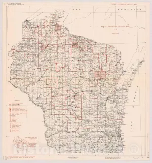 Historic Pictoric Map : Wisconsin 1938, Forest Protection Activity map as of May 1, 1938, Antique Vintage Reproduction : 16in x 16in