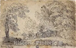 Historic Pictoric Print : Hauling Logs in a Forest (Recto); Sketches of People in Various Activities (Verso), Philippe Jacques de Loutherbourg, II, c 1860, Vintage Wall Decor : 44in x 28in