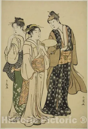 Historic Pictoric Print : The Actor Iwai Hanshiro IV in Street Attire (by Shunei) Conversing with Two Women (by Shuncho), Katsukawa Shun'ei, c 1788, Vintage Wall Decor : 30in x 44in