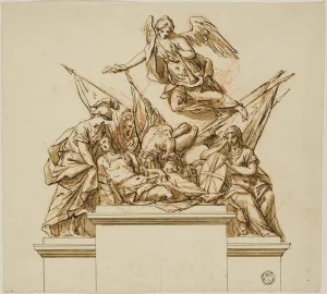 Historic Pictoric Print : Warrior Accompanied by Britannia, Minerva, and Fame, John Michael Rysbrack, c.1618, Vintage Wall Decor : 13in x 14in