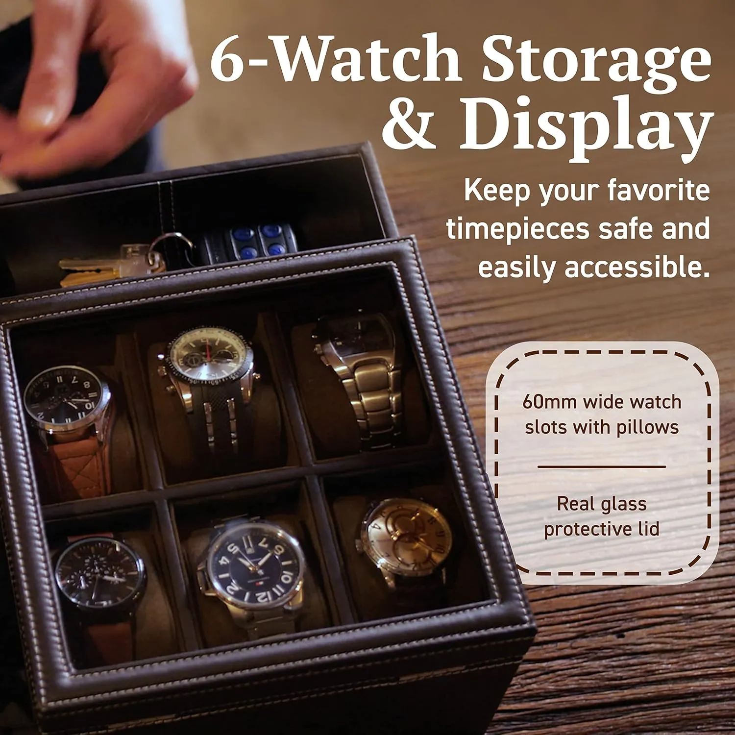 HOUNDSBAY Commander Dresser Valet Watch Box Case & Mens Jewelry Box Organizer with Smartphone Charging Station and Cufflink Box (Black/Ivory)