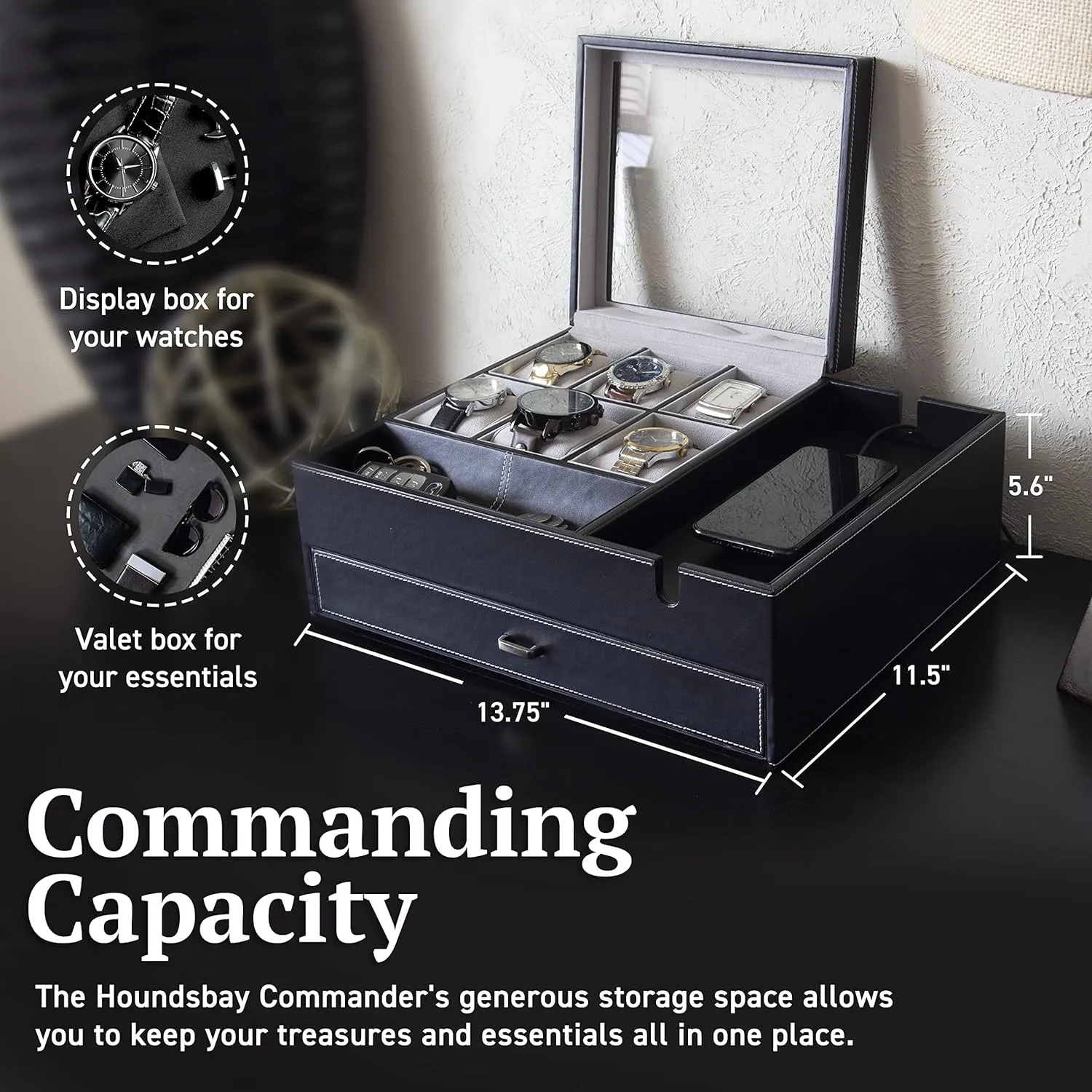HOUNDSBAY Commander Dresser Valet Watch Box Case & Mens Jewelry Box Organizer with Smartphone Charging Station and Cufflink Box (Black/Ivory)