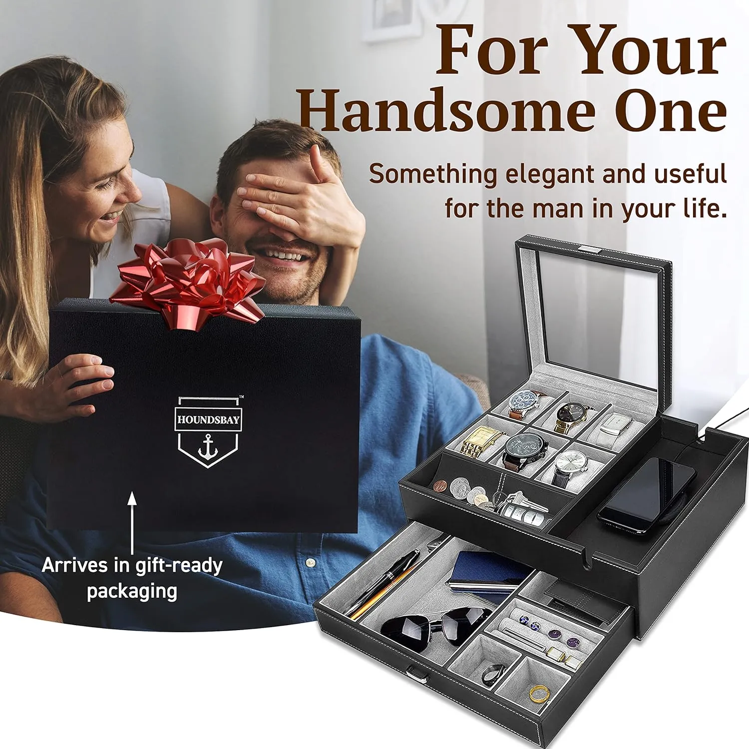 HOUNDSBAY Watch Box Organizer - Men's Jewelry Box & Display Case - Valet Tray & Watch Holder - Nightstand Organizer