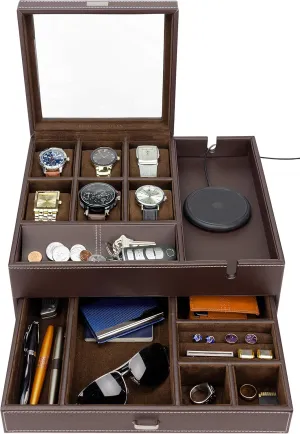 HOUNDSBAY Watch Box Organizer - Men's Jewelry Box & Display Case - Valet Tray & Watch Holder - Nightstand Organizer