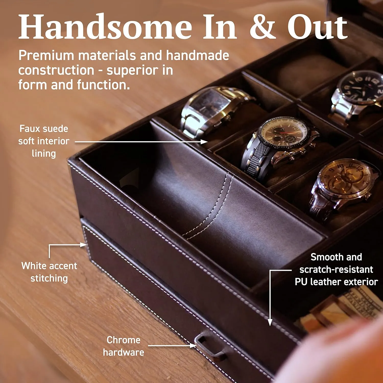 HOUNDSBAY Watch Box Organizer - Men's Jewelry Box & Display Case - Valet Tray & Watch Holder - Nightstand Organizer
