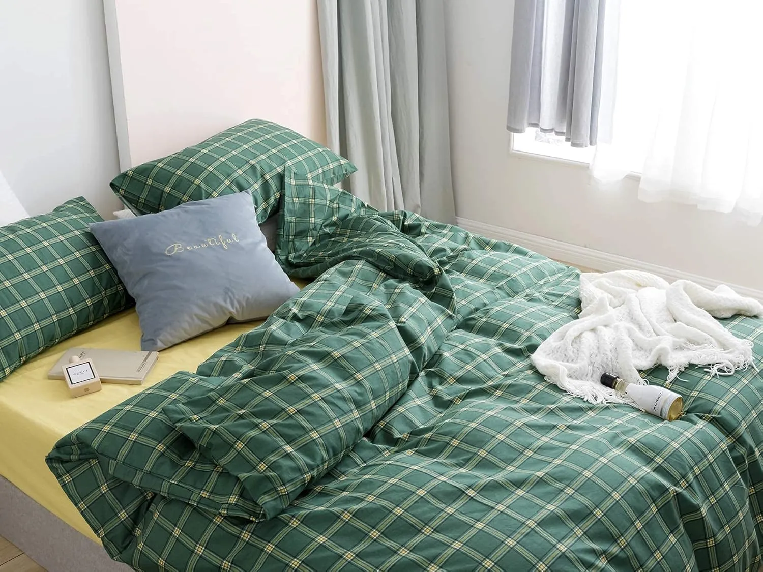 Houseri Green Comforter Set - Queen Plaid & Grid Bedding - Emerald, Forest, Jade Green & Yellow - Buffalo Checkered - Men, Boys, Girl - Vintage Style