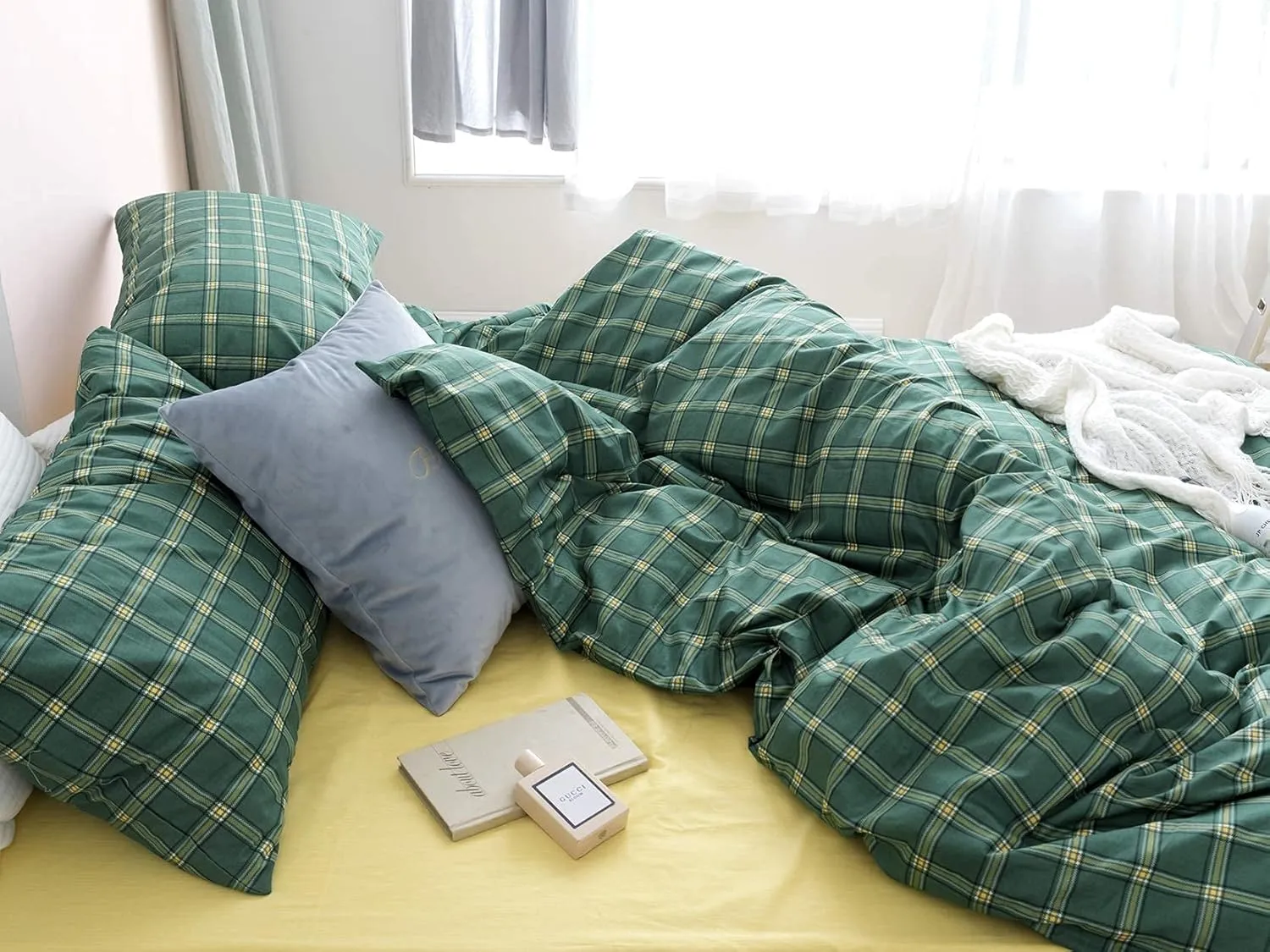 Houseri Green Comforter Set - Queen Plaid & Grid Bedding - Emerald, Forest, Jade Green & Yellow - Buffalo Checkered - Men, Boys, Girl - Vintage Style