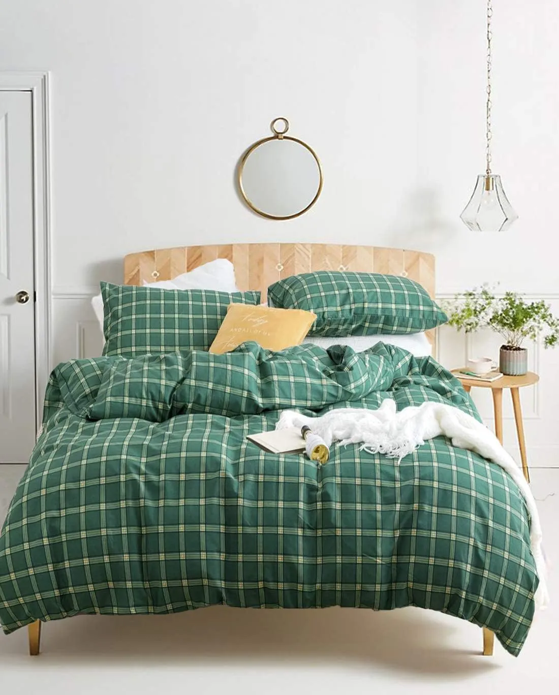 Houseri Green Comforter Set - Queen Plaid & Grid Bedding - Emerald, Forest, Jade Green & Yellow - Buffalo Checkered - Men, Boys, Girl - Vintage Style