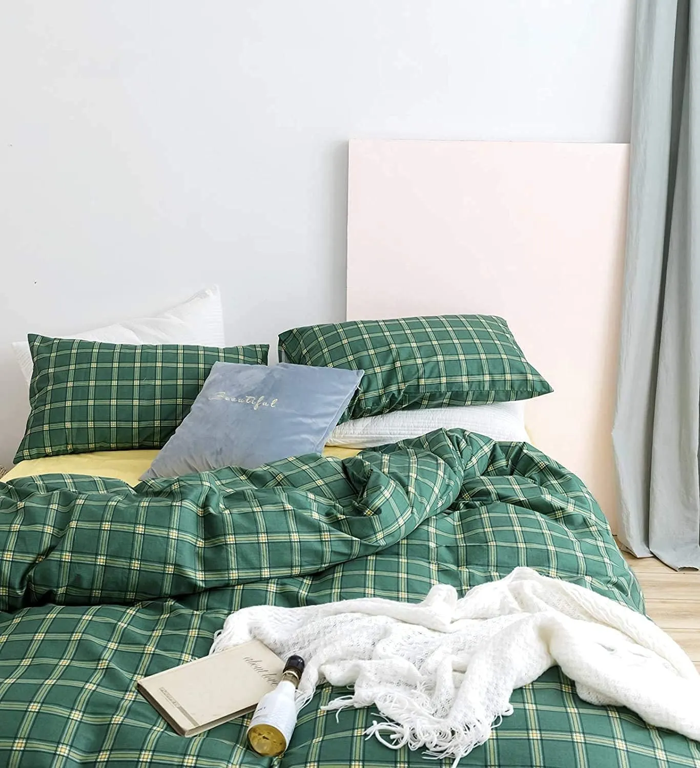 Houseri Green Comforter Set - Queen Plaid & Grid Bedding - Emerald, Forest, Jade Green & Yellow - Buffalo Checkered - Men, Boys, Girl - Vintage Style