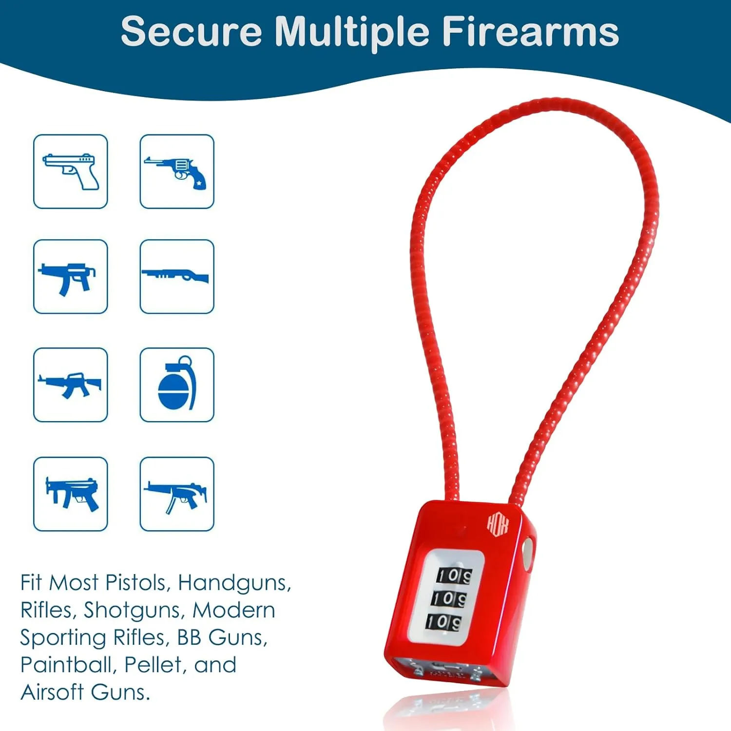 HOX 3 Digit Combination Gun Lock, Cable Lock for Pistols Handguns Rifles and Shotguns, for Home Firearm Locking and Safety