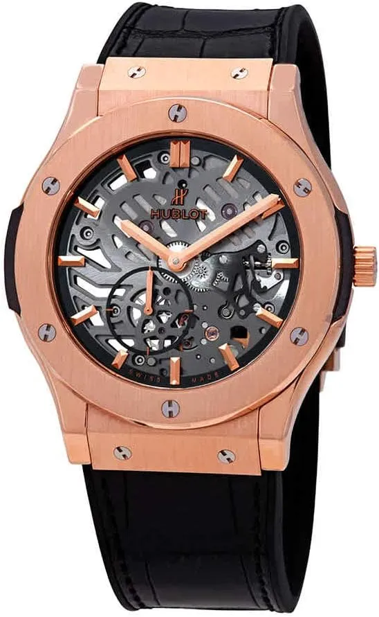 Hublot Classic Fusion 18kt Rose Gold Hand Wind Skeleton Dial Black Leather Men's Watch 515.OX.0180.LR