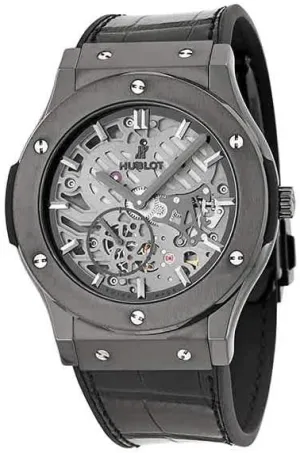 Hublot Classic Fusion Skeleton Dial Black Ceramic Black Leather Automatic Mens Watch 515CM0140LR