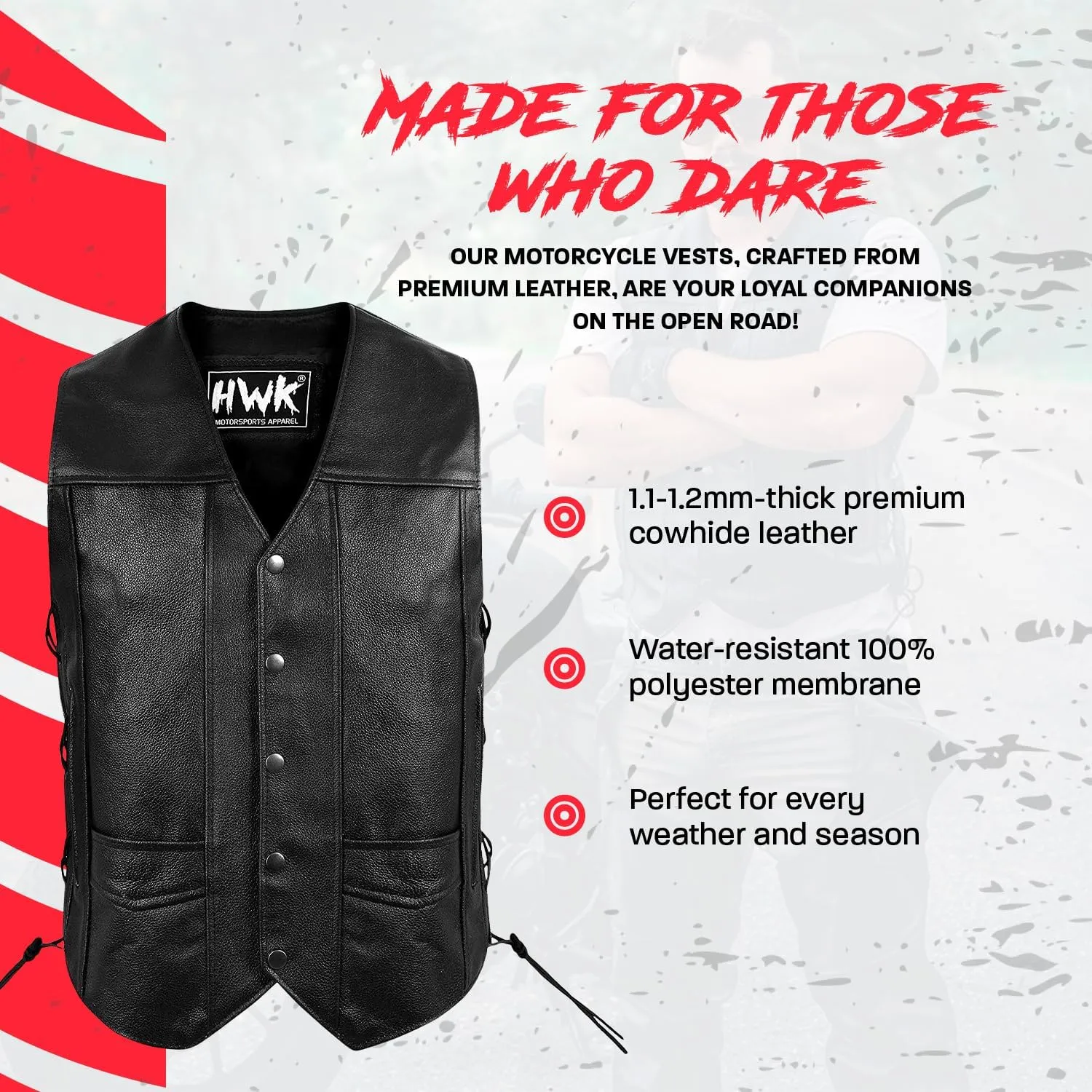 HWK Leather Motorcycle Vest for Men and Women with Concealed Carry Pocket, Black Genuine Leather Vest with 100% Polyester Lining for All-Weather Enduro Motocross Motorbike Riding - 6X-Large