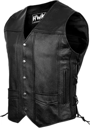 HWK Leather Motorcycle Vest for Men and Women with Concealed Carry Pocket, Black Genuine Leather Vest with 100% Polyester Lining for All-Weather Enduro Motocross Motorbike Riding - 6X-Large