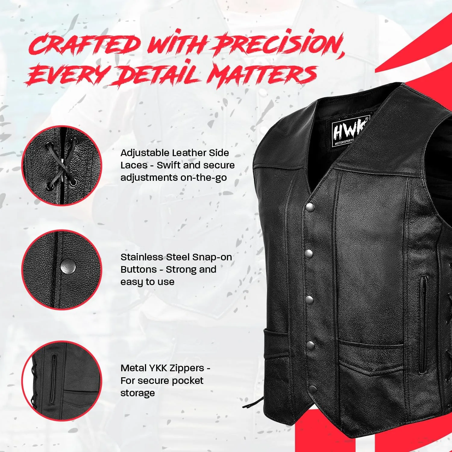 HWK Leather Motorcycle Vest for Men and Women with Concealed Carry Pocket, Black Genuine Leather Vest with 100% Polyester Lining for All-Weather Enduro Motocross Motorbike Riding - 6X-Large