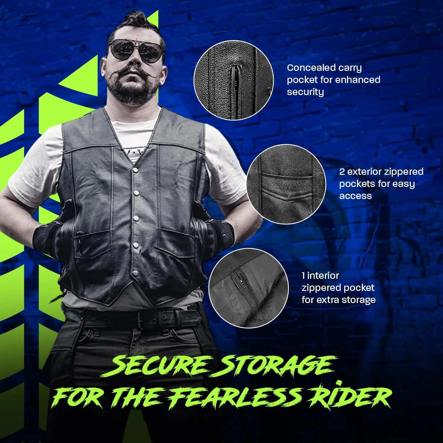 HWK Leather Motorcycle Vest for Men and Women with Concealed Carry Pocket, Black Genuine Leather Vest with 100% Polyester Lining for All-Weather Enduro Motocross Motorbike Riding - 6X-Large