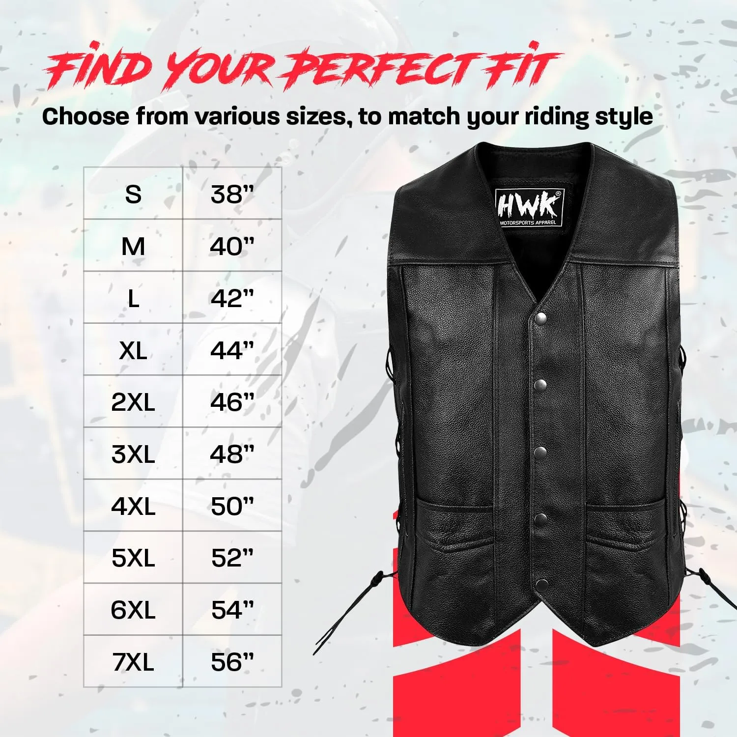 HWK Leather Motorcycle Vest for Men and Women with Concealed Carry Pocket, Black Genuine Leather Vest with 100% Polyester Lining for All-Weather Enduro Motocross Motorbike Riding - 6X-Large