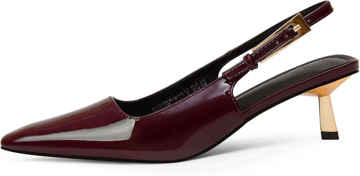 iiimmu Kitten Heels for Women 2 inch Low Heel Pointed Closed Toe Slingback Pumps Dress Shoes, Faux Leather