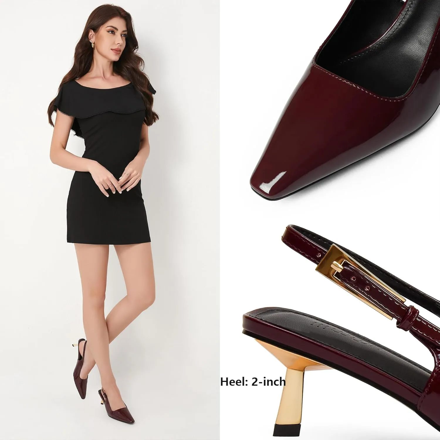 iiimmu Kitten Heels for Women 2 inch Low Heel Pointed Closed Toe Slingback Pumps Dress Shoes, Faux Leather