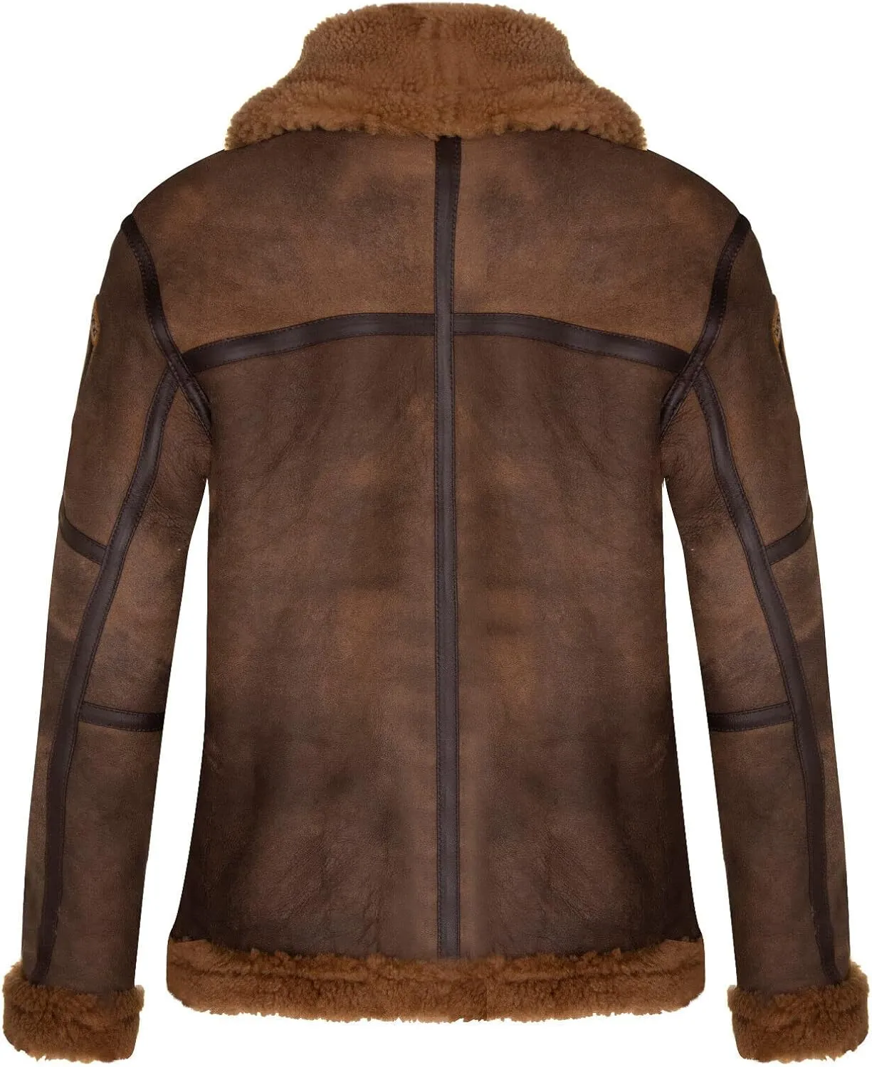 Infinity Leather Men's Brown B3 Sheepskin Jacket Shearling Aviator Pilot Flying US Badges